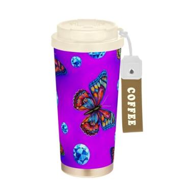 Imagem de TSENQUE Caneca de café de viagem 40 ml com canudo e tampa, caneca de café de aço inoxidável à prova de vazamento para escritório, escola, festa, acampamento, borboletas coloridas, roxo vibrante