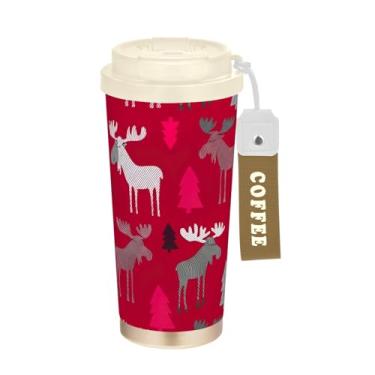 Imagem de Caneca de viagem de café 16+ Oz, copo de café com revestimento cerâmico com tampa e palha, copo isolado a vácuo de aço inoxidável, alce de Natal, árvores vermelhas