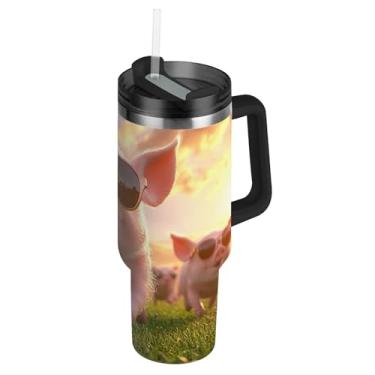 Imagem de Joisal Copos de aço inoxidável com tampas e canudos, porcos fofos, óculos de sol, caneca de café quente para carros, copo grande com alça, garrafas de água isoladas de 1,134 g