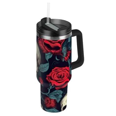 Imagem de Joisal Copos de aço inoxidável com tampa e caveiras de palha, rosas vermelhas, caneca de café quente para carros, copo grande com alça, garrafas de água isoladas de 850 g