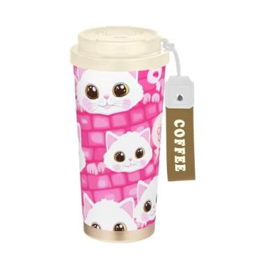 Imagem de TSENQUE Copo de café de viagem de 473 ml com tampa de canudo e filp, revestimento cerâmico isolado a vácuo de aço inoxidável copo de café de viagem à prova de vazamento, adorável gatinhos brancos rosa