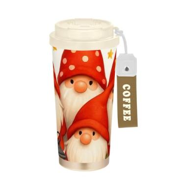Imagem de TSENQUE Caneca de café de viagem de 473 ml com revestimento cerâmico, copo de café de aço inoxidável com tampa e canudo, copo isolado a vácuo, lindos gnomos de Natal chapéus vermelhos