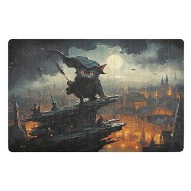 Imagem de Tapete de gato preto com flecha para porta dos fundos 81 cm x 50 cm Welcome Matt Outdoor Engraçado antiderrapante para entrada externa varanda