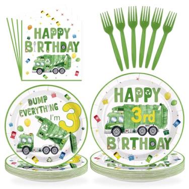 Imagem de Greencian 96 peças de artigos de festa de 3º aniversário, conjunto de pratos e guardanapos de caminhão de lixo verde para meninos de 3 anos, gerenciamento de resíduos, reciclagem, caminhões de lixo