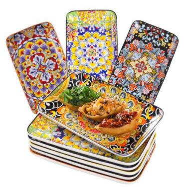 Imagem de YELLOYA Conjunto de 6 pratos de salada de cerâmica – 23 cm, pratos retangulares de sobremesa para sushi, aperitivo, bolo – seguro para micro-ondas e forno, pratos de porcelana para decoração de