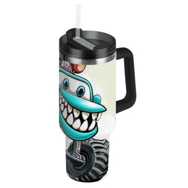 Imagem de Copos de aço inoxidável com tampa e canudo desenho animado caminhão monstro azul copo de café bebida quente carros à prova de vazamento copo de 850 g com alça garrafa de água isolada