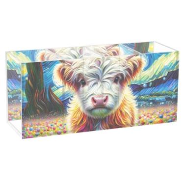 Imagem de TSENQUE Lindo porta-lápis de mesa de vaca highland noite estrelada acrílico porta-lápis organizador de canetas, copos artísticos, organizador de mesa personalizado