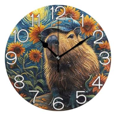 Imagem de GAIGEO Relógio de parede analógico decorativo relógio de cozinha rústico operado por bateria silencioso, decoração de parede de meados do século sala de estar, pintura bonita capivara colorida, 25 cm