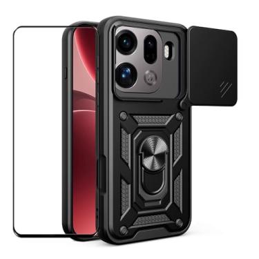 Imagem de CNPUTAO Capa para Oppo Find X9 Pro 5G com protetor de tela de vidro temperado, janela deslizante para câmera, suporte, capa de telefone de camada dupla antiarranhões à prova de choque, preta