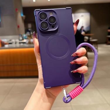 Imagem de Capa quadrada de silicone macio fosco à prova de choque para iPhone 16, 15, 14 Plus, 13 Pro Max, com cordão magnético para carregamento sem fio, roxo, para iPhone 15 Pro Max