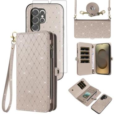 Imagem de Capa de celular para Samsung Galaxy S25 Ultra 5G Carteira com zíper destacável com protetor de tela transversal alça alça flip glitter suporte para cartão S25Ultra 25S S 25 25Ultra 6,9 2025 feminino