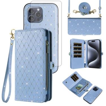Imagem de Capa de celular para iPhone 15 Pro 15.5 cm carteira com zíper destacável com película de vidro temperado, alça brilhante flip flip porta-cartão slot i Phone15 i15 15Pro mulheres homens meninas azul
