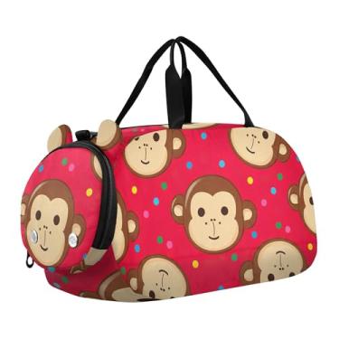 Imagem de Bolsa esportiva para meninos durante a noite para o fim de semana, bolsa de viagem para meninas, bolsa esportiva, arco-íris, quadriculado, retrô, retrô, Lindas caras de macaco vermelho marrom