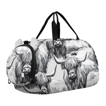 Imagem de Bolsa esportiva masculina clássica vermelha preta xadrez durante a noite para o fim de semana bolsas de viagem com alça de ombro, Chifres de pelo desgrenhados Highland Cattle, Clássico