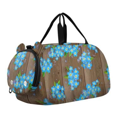Imagem de Bolsa esportiva para meninos, coalas fofos, Natal, verde, presente de fim de semana, bolsa de viagem para meninas, Flores azuis de madeira marrom, Clássico