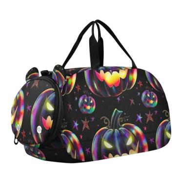 Imagem de Bolsa esportiva para meninos com desenho animado colorido de gatos rosa vibrante durante a noite para meninas para viagem, academia, bagagem infantil, Abóboras coloridas pretas místicas, Clássico