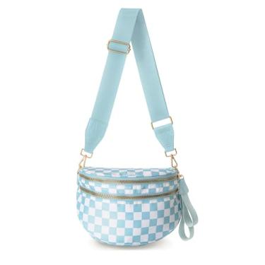 Imagem de Bolsas transversais para mulheres, pochete espaçosa de nylon, pochete quadriculada grande crescente, Xadrez - Azul