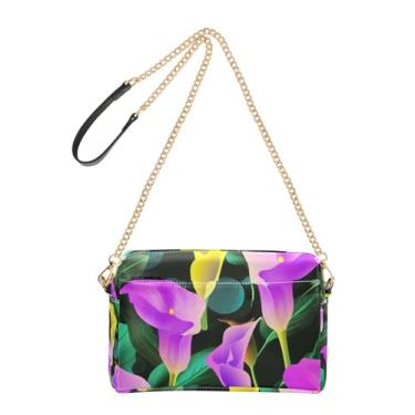 Imagem de Joitme Bolsa de ombro feminina transversal para celular com alça de corrente de couro PU bolsa de ombro lírios roxo amarelo