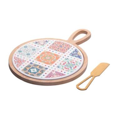 Imagem de WOLFF - Conjunto 3 Peças para Queijo com Bandeja de Bambu Faca Dourada e Tábua Ladrilho 20x28x1,5cm
