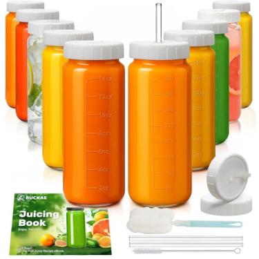 Imagem de Ruckae Garrafas de vidro de 473 ml com escala dupla - pacote com 10 garrafas de vidro reutilizáveis com tampas e canudos para sucos, vitaminas, água, recipientes de suco de kombucha para cozinha