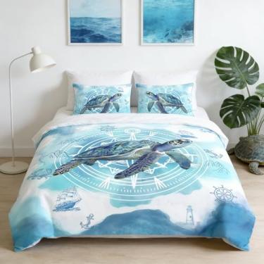 Imagem de CCoutueChen Conjunto de edredom costeiro, azul-petróleo, tartaruga, para cama de casal, 3 peças, microfibra macia, edredom com 2 fronhas/199 x 239 cm