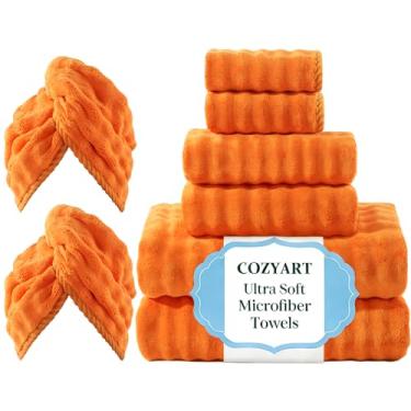 Imagem de COZYART Conjunto de toalhas sem fiapos 8 peças laranja, 500 g/m2, super macio, absorvente e de secagem rápida microfibra 3D bolha conjunto de uso diário com 2 toalhas de banho, 2 toalhas de cabelo, 2