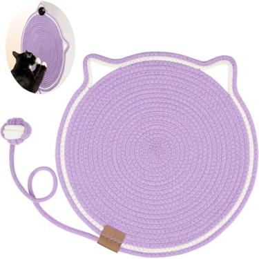 Imagem de Tapete Arranhador para Gatos com Orelhas, Corda de Algodão Trançada, 50cm, Design Redondo, Brinquedo com Bolinha Suspensa, Marrom (Roxo)