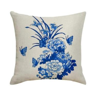 Imagem de Capa De Almofada De Linho E Algodão Com Estampa Cerâmica Azul E Branca