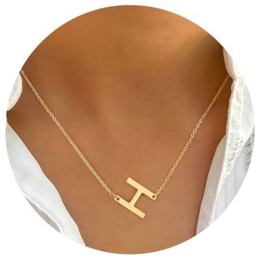 Imagem de Colar feminino banhado a ouro 14K delicado com pingente de inicial, simples e elegante, corrente A-Z, joias presentes, presentes personalizados de Natal e aniversário para ela, 18+2", Latão, Sem Pedra