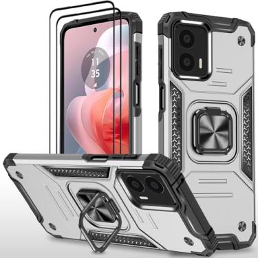 Imagem de HONG-AMY Capa para Moto G Power 5G 2024 com 2 peças de protetor de tela de vidro temperado, grau militar duplo à prova de choque com suporte - prata