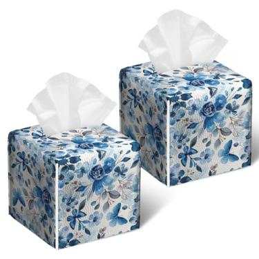 Imagem de Capa de caixa de lenços de tecido de flor azul, 2 peças, suporte de caixa de lenços de couro, caixa de papel facial quadrada, organizador de cubos para banheiro, quarto, mesa, escritório