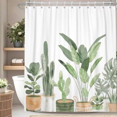 Imagem de Cortina de chuveiro de plantas em vaso verde, folhas verdes, cacto, eucalipto, plantas tropicais, cortina de chuveiro para primavera, verão, banheiro, decoração de banheira, tecido impermeável 177 x