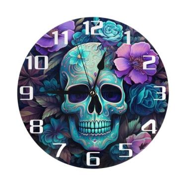 Imagem de Tangopi Relógio de parede floral roxo crânio 25 cm silencioso, sem tique-taque, relógio decorativo operado por bateria para quarto, cozinha, escritório, sala de aula (branco)