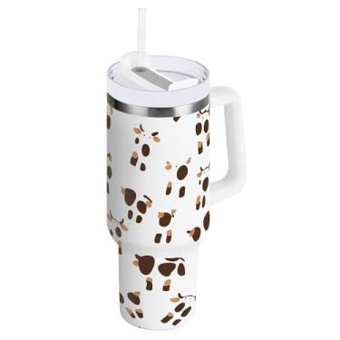 Imagem de SEHANY Copo de vaca marrom e branco de 850 g com alça, copo isolado de aço inoxidável a vácuo de parede dupla, à prova de vazamento, caneca de café isolada para viagem cabe no suporte de copo de carro