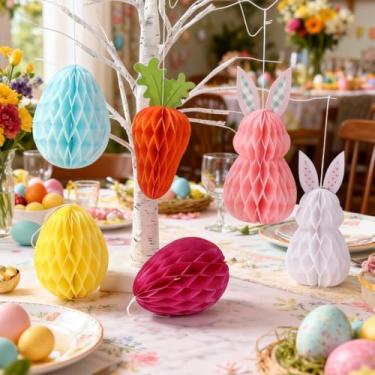 Imagem de 6 peças de decorações de festa de Páscoa, enfeites de cenoura de coelho de ovo de papel de colmeia para pendurar em casa, ao ar livre, quintal, janela, cesta, decoração de festa