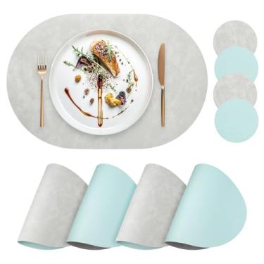 Imagem de yuuzue Jogo americano de couro sintético, conjunto de 4 com porta-copos combinando, jogo americano oval de poliuretano resistente ao calor, impermeável, limpável, lavável, jogo americano