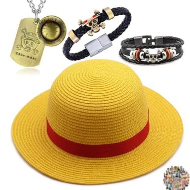 Imagem de UoYu TFYU Chapéu de pirata de palha anime cospaly OP bijuteria festa masculino e feminino chapéu de sol de praia colar ruffy pulseiras esqueleto com adesivos, total de 24 peças