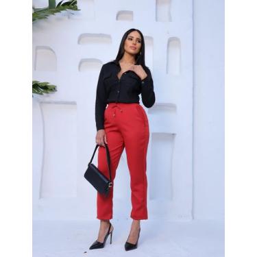 Imagem de Calça Alfaiataria Feminina Casual Bolsos Elástico Cintura Elegante - L