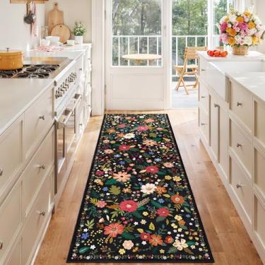 Imagem de ARKIIKI Tapete de corredor para corredores, tapete de cozinha, antiderrapante, 6 x 20 cm, lavável com suporte de borracha, tapete floral macio para corredores, cozinha, lavanderia, quarto (preto)