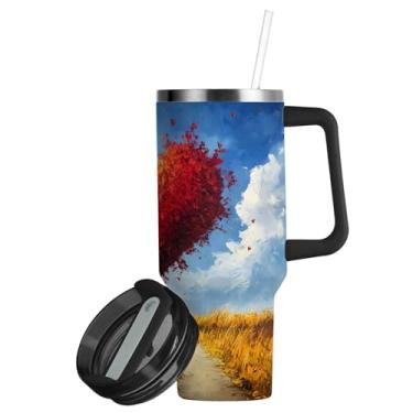 Imagem de ATTX Copo de árvore em forma de coração de 850 g com alça, copo de aço inoxidável a vácuo de parede dupla com palha, caneca de café de viagem isolada #342