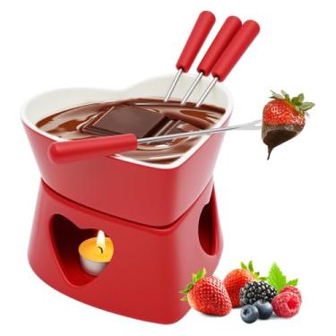 Imagem de Caneca de fondue de chocolate, 14 x 11 cm, copo de chocolate de cerâmica multifuncional, copo de derretimento de chocolates com garfo, adequado para chocolate, manteiga, queijo, caramelo