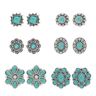Imagem de QLYOVWE Conjunto de 6 pares de brincos boêmios turquesa flor geométrica vaqueira ocidental étnica acessórios de joias turquesa natural para mulheres, Medium, Metal, Sem pedra preciosa