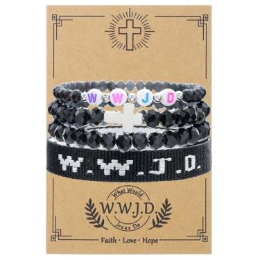 Imagem de Involsionary WWJD Pulseira de corda trançada feita à mão com contas de cristal cruz pulseiras elásticas O que Jesus faria pulseiras religiosas cristãs para mulheres homens Páscoa fé amizade joias