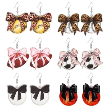 Imagem de 6 pares de brincos femininos em forma de laço de softball, beisebol, futebol, basquete, basquete, feitos à mão, feitos à mão, para o dia do jogo, para fãs de esportes, lembrancinhas de festa, joias