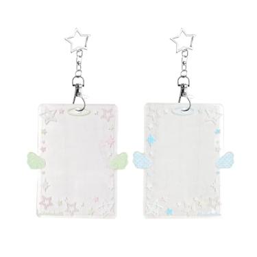 Imagem de 2 peças de porta-cartões fotográficos com asa de anjo - porta-cartões fotográficos Kpop | Estojo de crachá de identificação de acrílico transparente para cartões de estudante e ônibus (verde e azul)