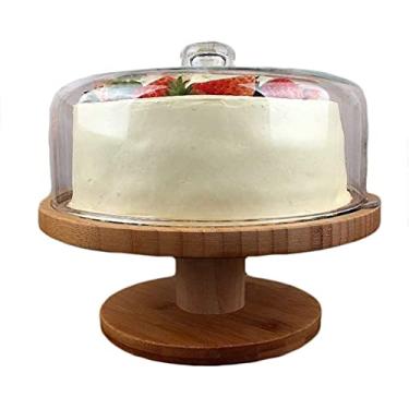 Imagem de Suporte de bolo bandeja de exibição de sobremesa caixa de bolo de plástico redonda, cúpula de pastelaria de pizza com ranhura de paletes de madeira suporte de exibição bandeja de degustação de