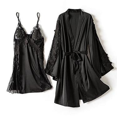 Imagem de 3FLQOOPP Conjunto de roupão de noite feminino, roupa de dormir vazada, lingerie íntima, casual, quimono, roupão de banho, vestido sedoso para casa (2 1X)