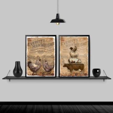 Imagem de Kit 2 Quadros Country Animais Fazenda 33X24Cm Vidro Preta