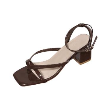 Imagem de Sandálias femininas de salto alto com bico quadrado com design de bico aberto salto grosso para uso casual, Café, 39