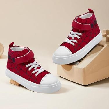 Imagem de Tênis infantil para meninos e meninas, cano alto, de lona, gancho e laços, leve, desenho animado, casual, antiderrapante, tênis para caminhada, vermelho/preto, Linha vermelha/preta, 12.5 Little Kid